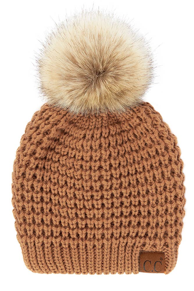 Hana - C.C Waffle Stitch Pattern Pom Beanie: Winter Mint
