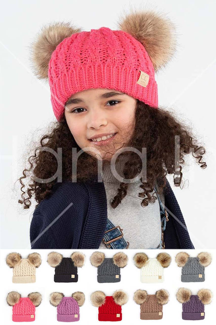 Hana - CC Kids Double Pom Pom All Over Cable Beanie: Dark Melange Grey