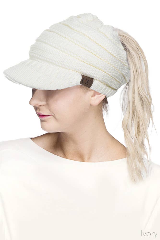 C.C Knit Brim Messy Bun Ponytail Beanie: New Olive