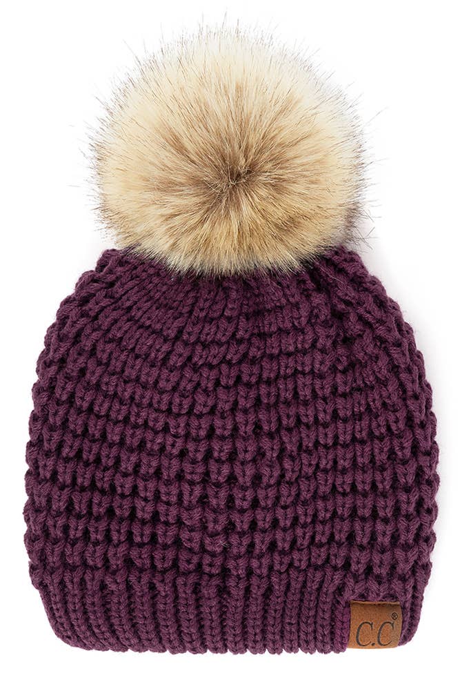 Hana - C.C Waffle Stitch Pattern Pom Beanie: Winter Mint