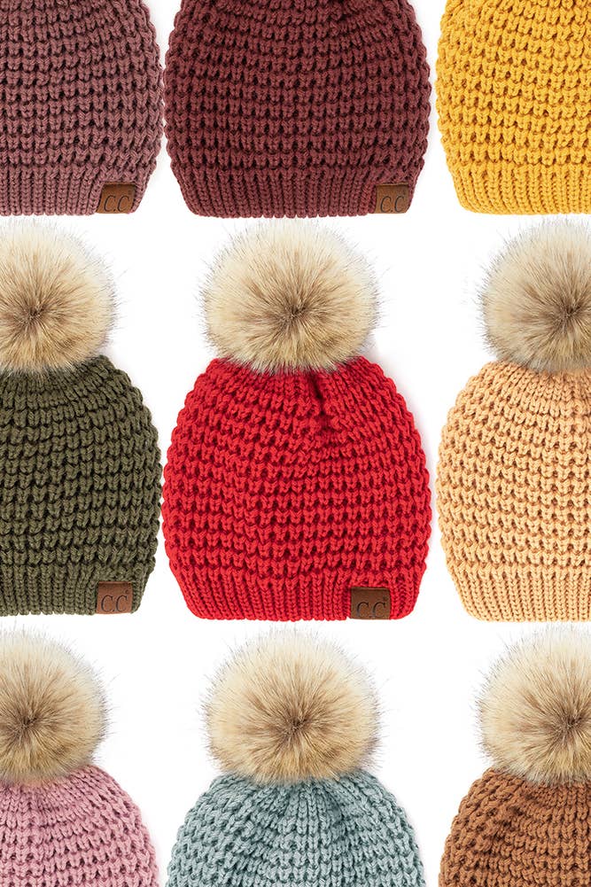 Hana - C.C Waffle Stitch Pattern Pom Beanie: Winter Mint