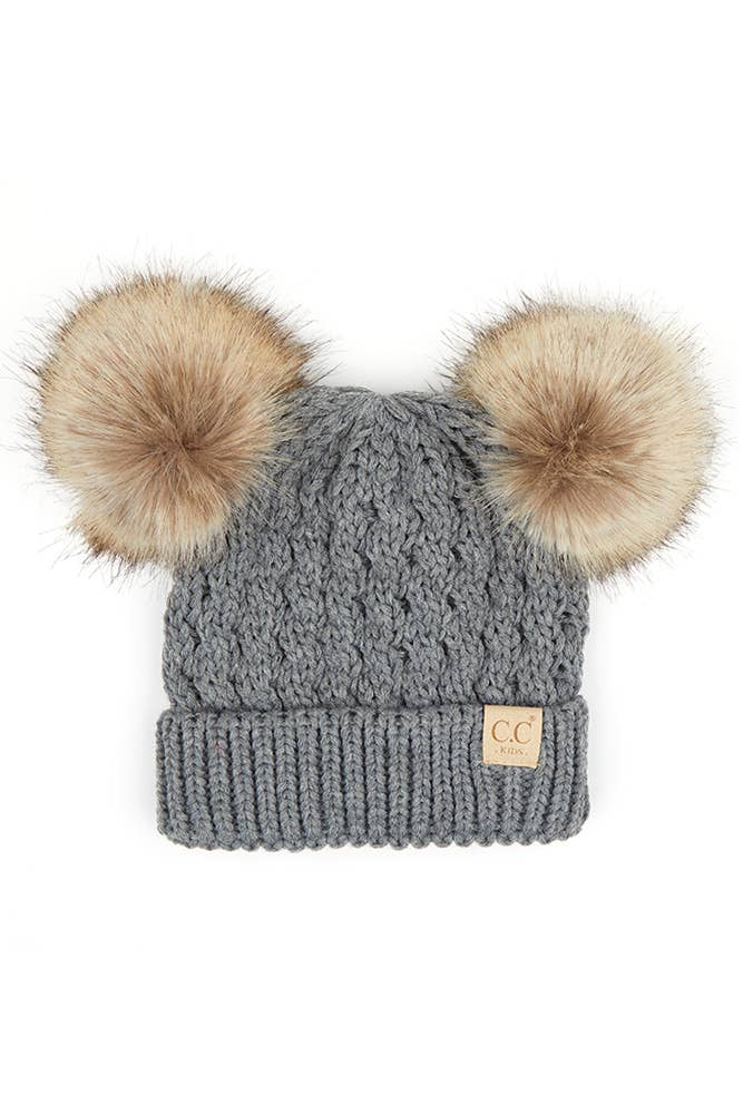 Hana - CC Kids Double Pom Pom All Over Cable Beanie: Dark Melange Grey