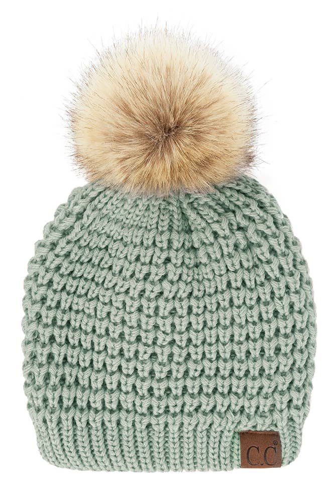 Hana - C.C Waffle Stitch Pattern Pom Beanie: Winter Mint