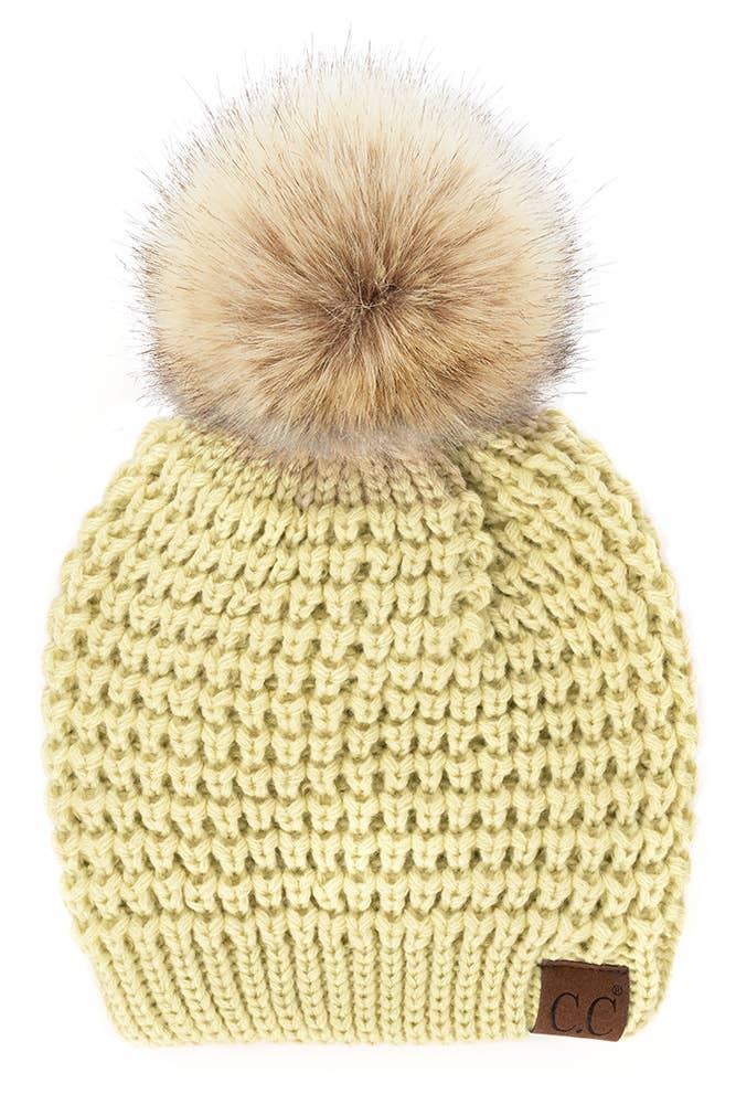 Hana - C.C Waffle Stitch Pattern Pom Beanie: Winter Mint