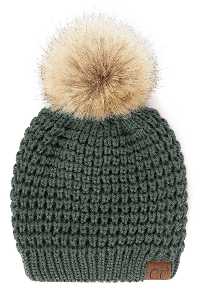 Hana - C.C Waffle Stitch Pattern Pom Beanie: Winter Mint