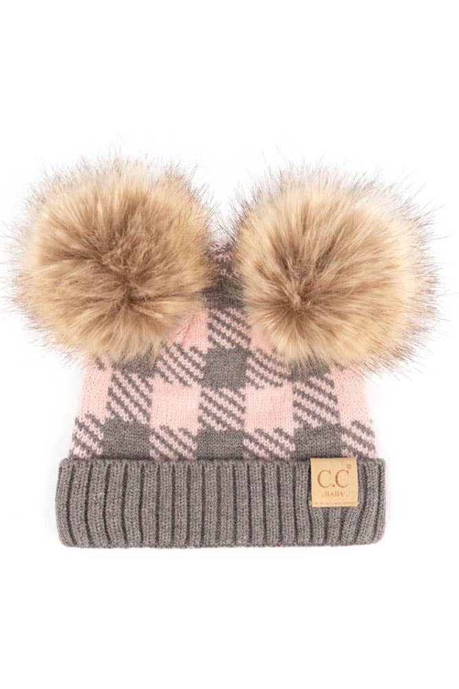 Hana - C.C Baby Buffalo Check Beanie With Natural Pom: Black/White