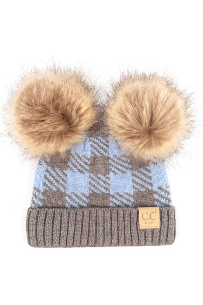 Hana - C.C Baby Buffalo Check Beanie With Natural Pom: Black/White