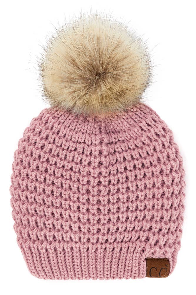 Hana - C.C Waffle Stitch Pattern Pom Beanie: Winter Mint
