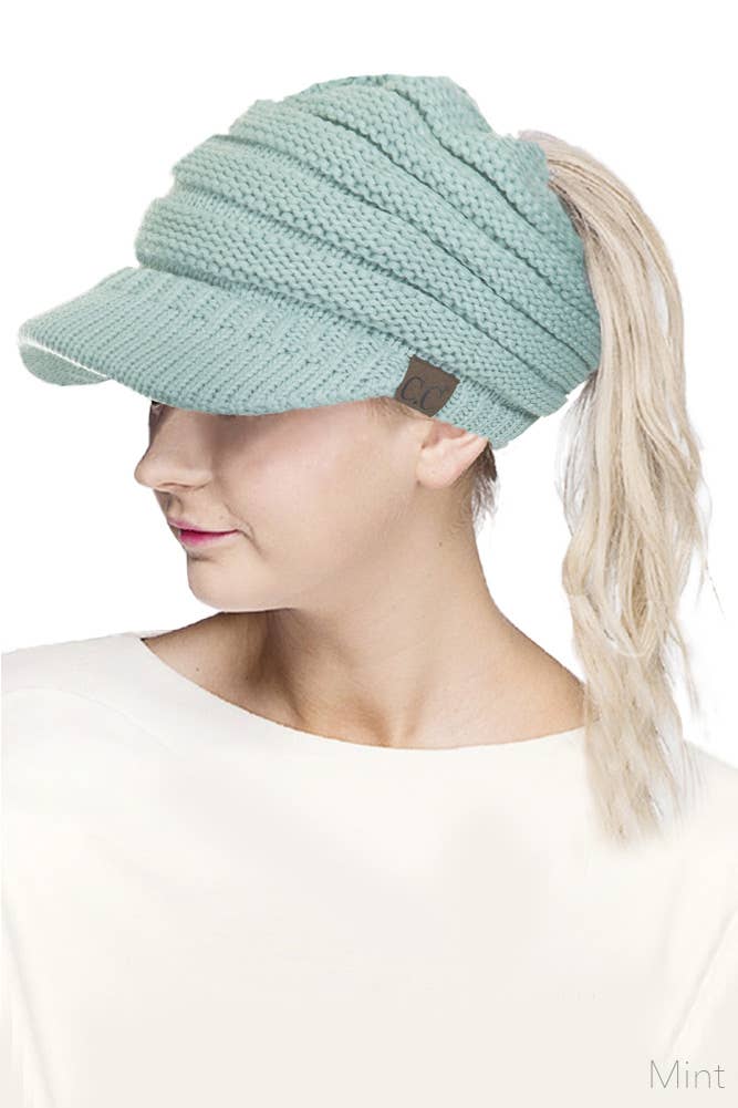 C.C Knit Brim Messy Bun Ponytail Beanie: New Olive