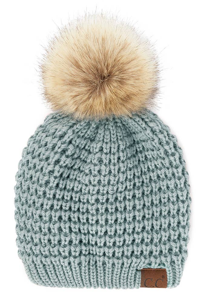 Hana - C.C Waffle Stitch Pattern Pom Beanie: Winter Mint
