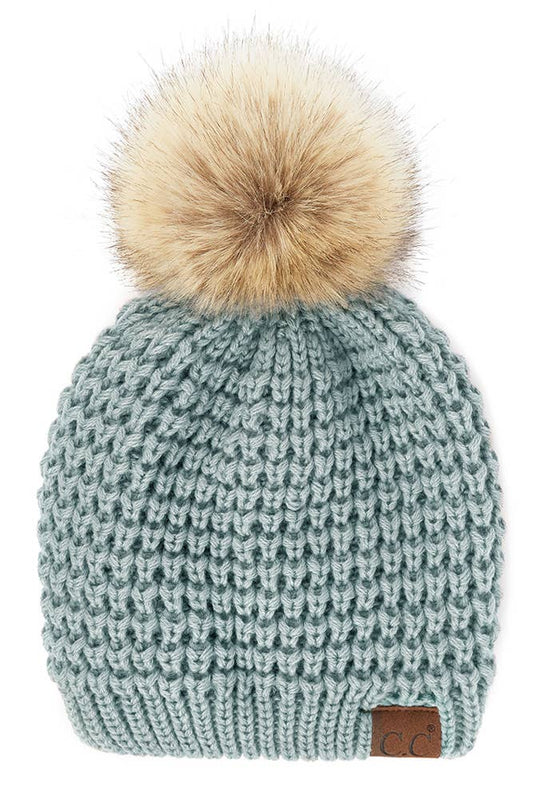Hana - C.C Waffle Stitch Pattern Pom Beanie: Winter Mint