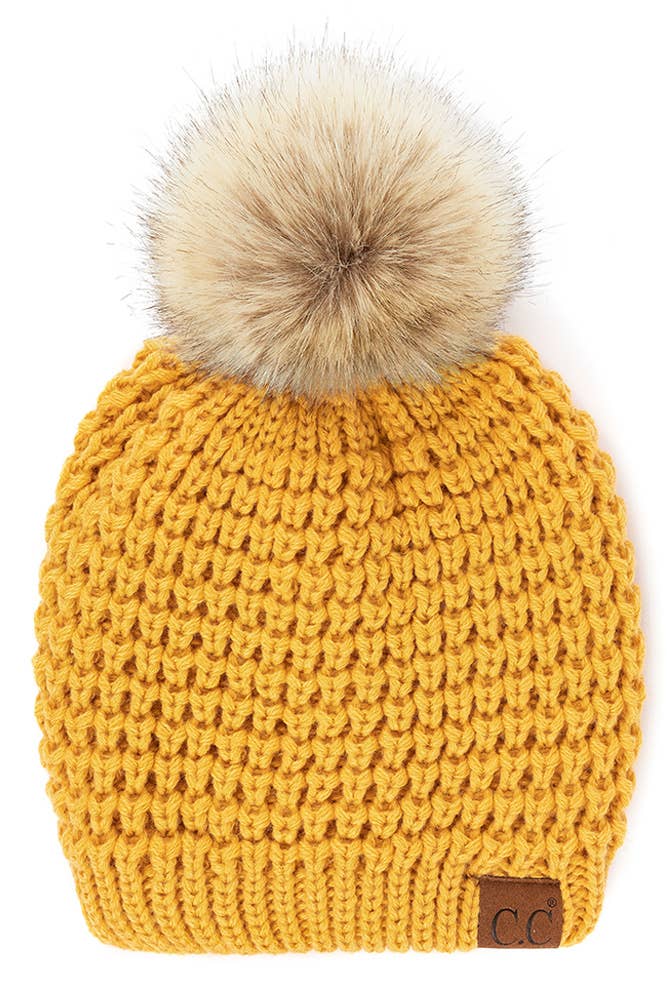 Hana - C.C Waffle Stitch Pattern Pom Beanie: Winter Mint