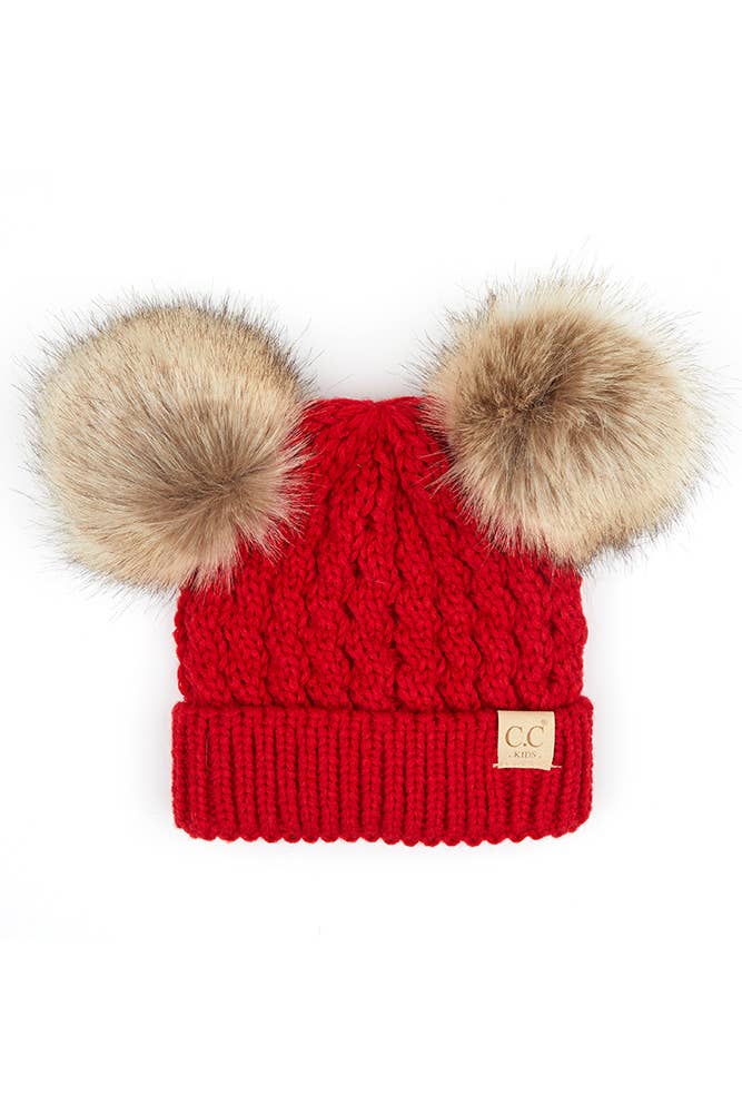 Hana - CC Kids Double Pom Pom All Over Cable Beanie: Dark Melange Grey