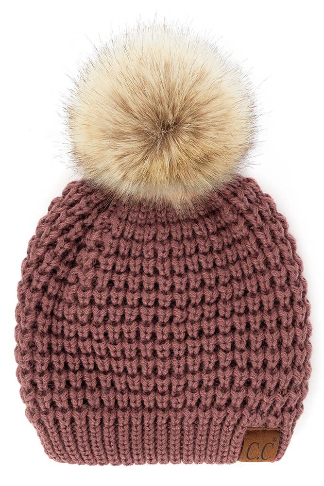 Hana - C.C Waffle Stitch Pattern Pom Beanie: Winter Mint