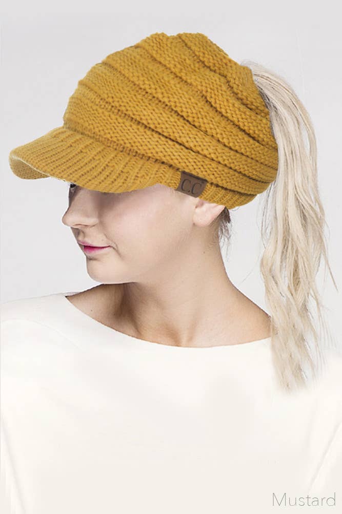 C.C Knit Brim Messy Bun Ponytail Beanie: New Olive