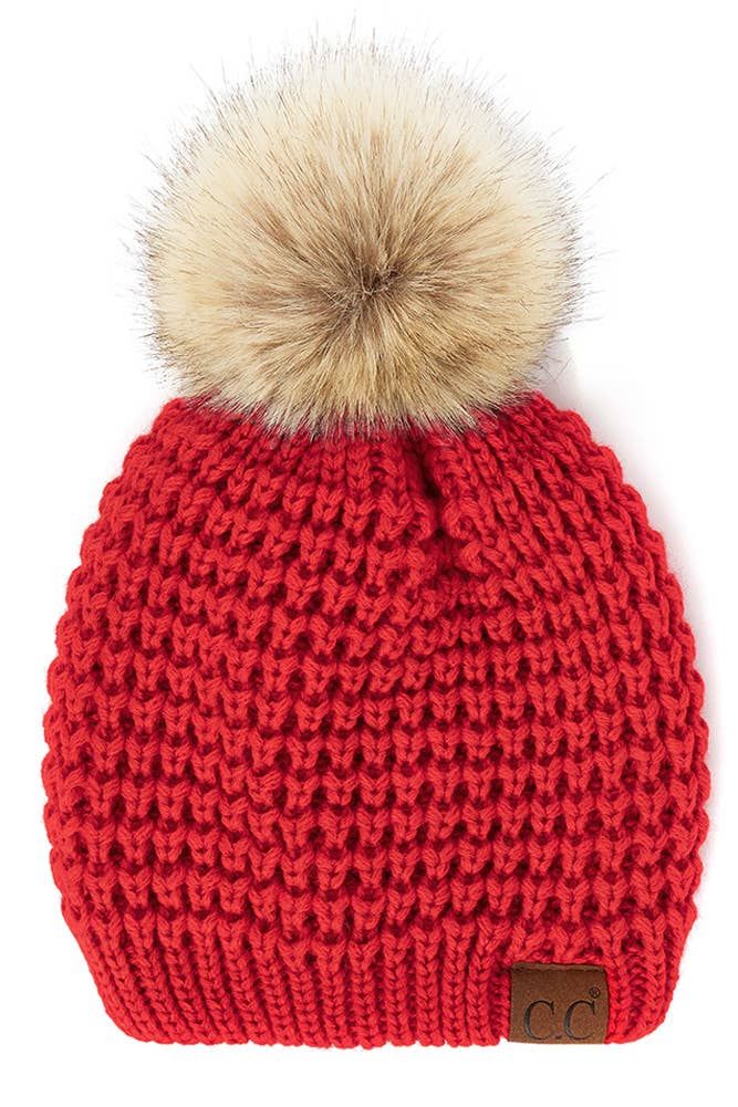Hana - C.C Waffle Stitch Pattern Pom Beanie: Winter Mint