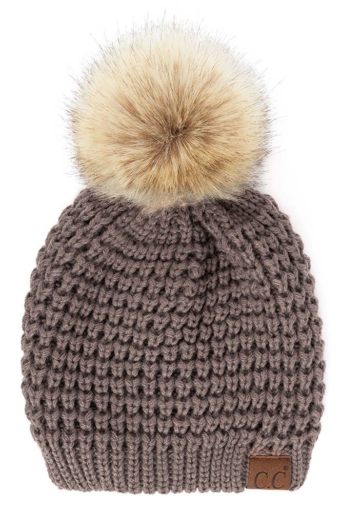 Hana - C.C Waffle Stitch Pattern Pom Beanie: Winter Mint