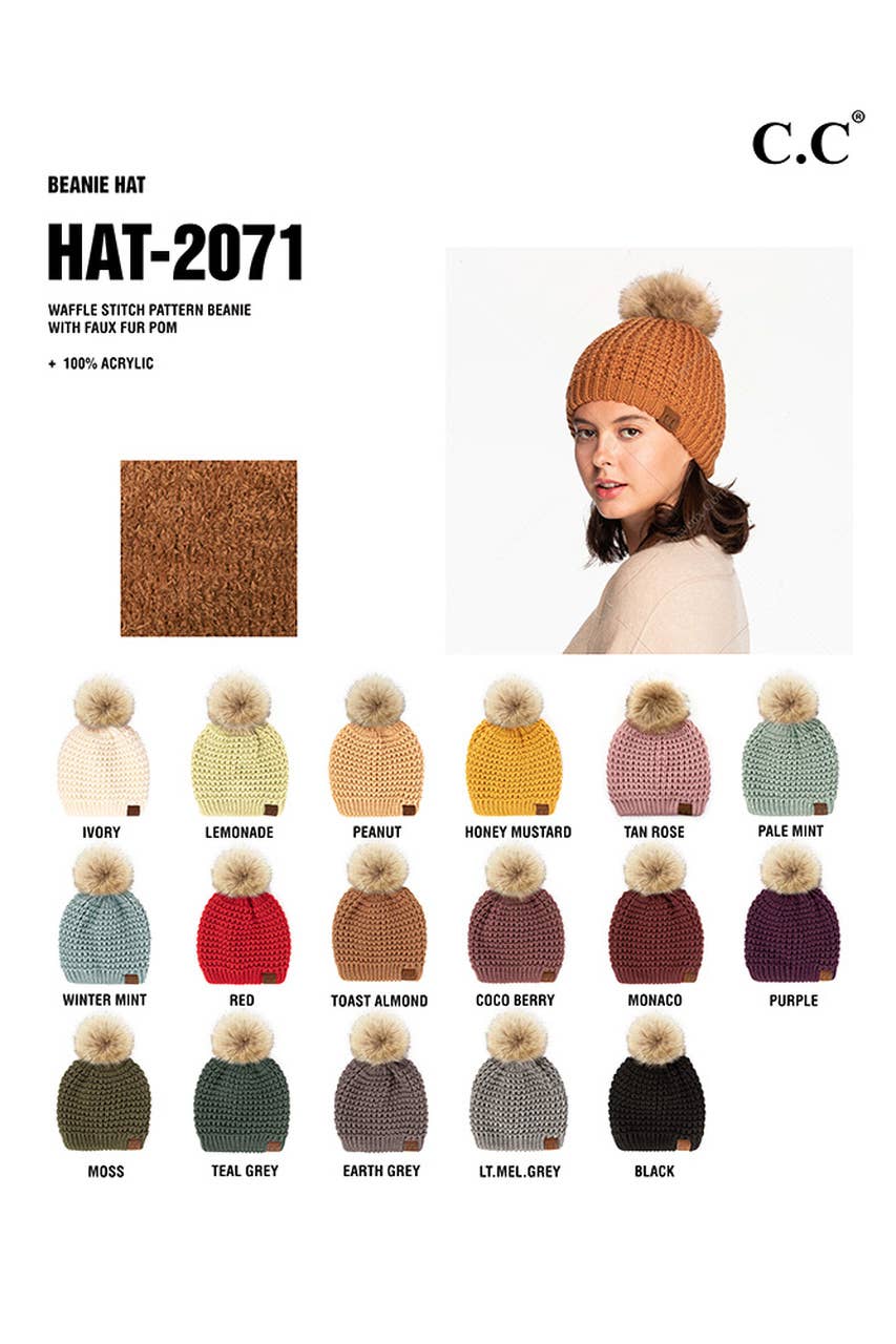 Hana - C.C Waffle Stitch Pattern Pom Beanie: Winter Mint