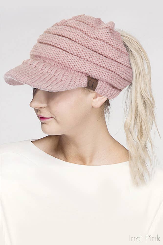 C.C Knit Brim Messy Bun Ponytail Beanie: New Olive