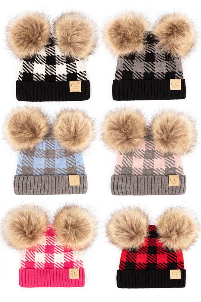 Hana - C.C Baby Buffalo Check Beanie With Natural Pom: Black/White