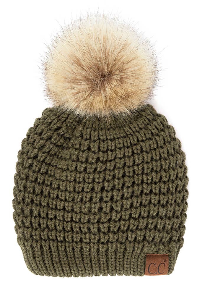 Hana - C.C Waffle Stitch Pattern Pom Beanie: Winter Mint