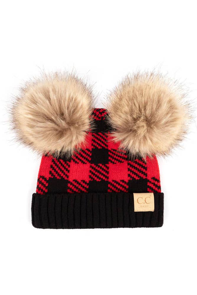 Hana - C.C Baby Buffalo Check Beanie With Natural Pom: Black/White