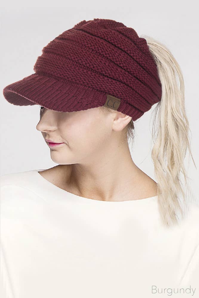 C.C Knit Brim Messy Bun Ponytail Beanie: New Olive