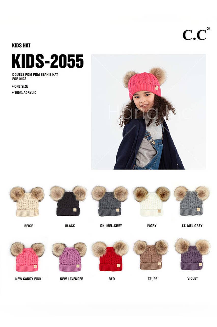 Hana - CC Kids Double Pom Pom All Over Cable Beanie: Dark Melange Grey