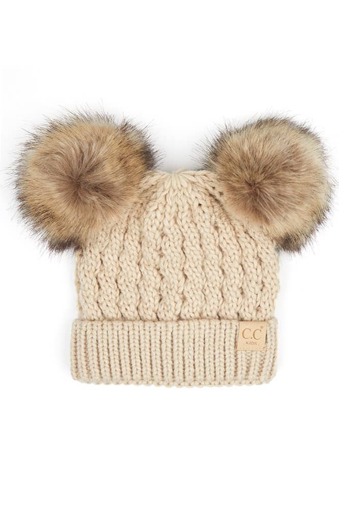 Hana - CC Kids Double Pom Pom All Over Cable Beanie: Dark Melange Grey