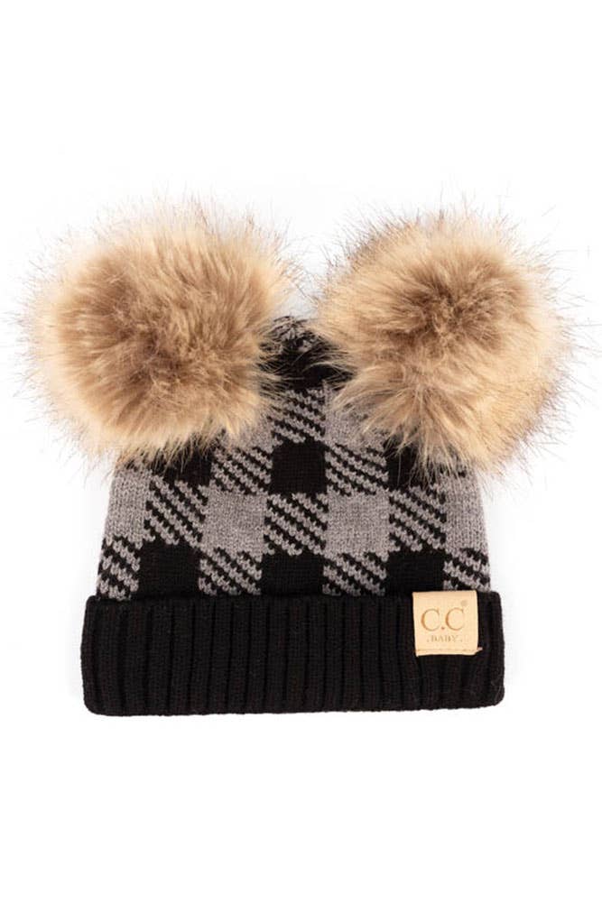 Hana - C.C Baby Buffalo Check Beanie With Natural Pom: Black/White