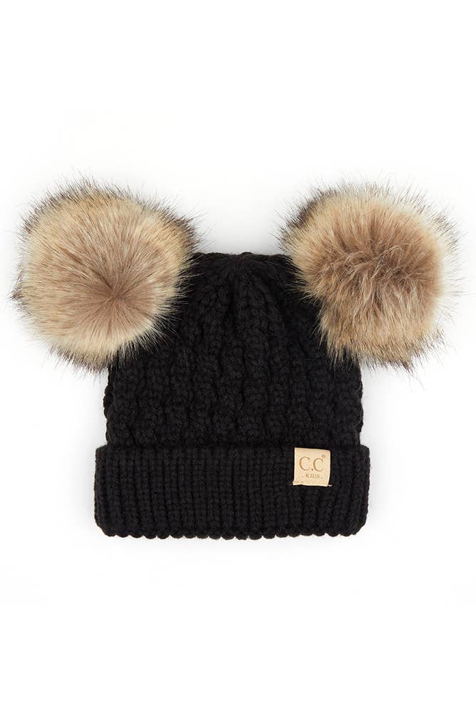 Hana - CC Kids Double Pom Pom All Over Cable Beanie: Dark Melange Grey