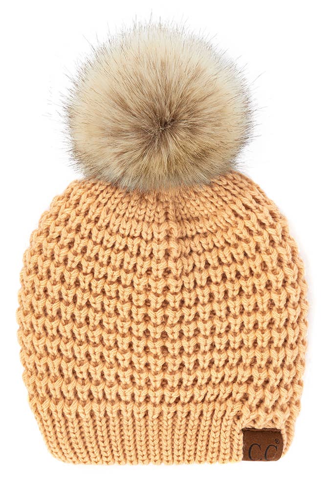 Hana - C.C Waffle Stitch Pattern Pom Beanie: Winter Mint