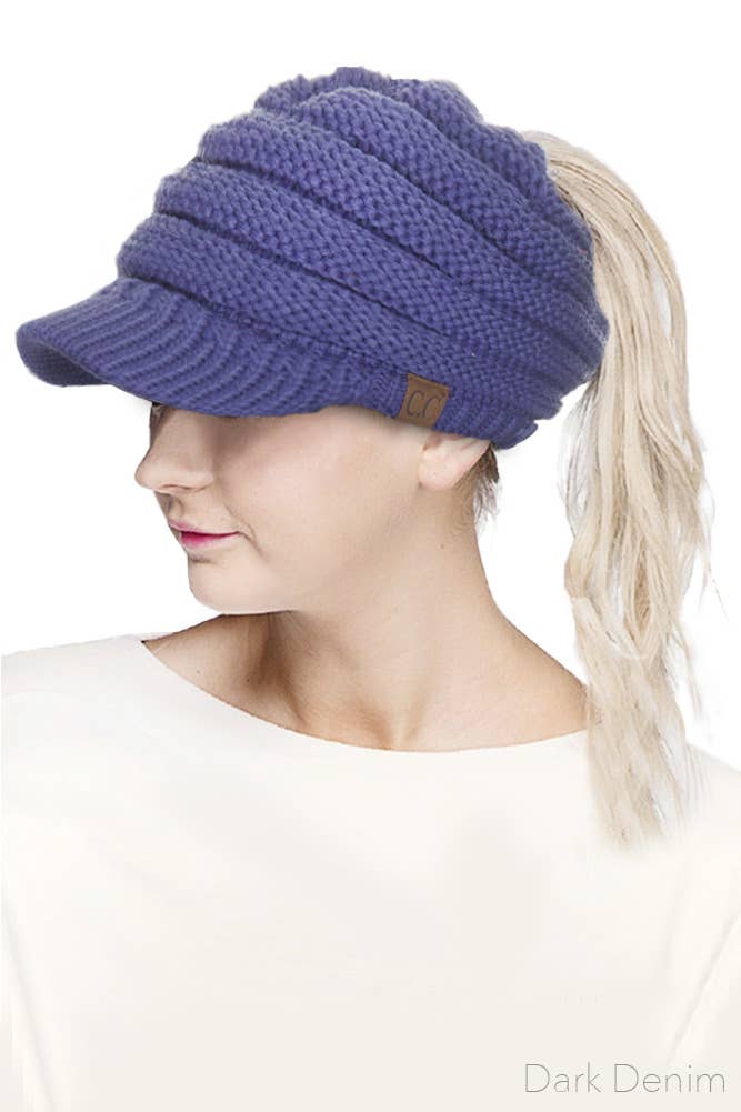C.C Knit Brim Messy Bun Ponytail Beanie: New Olive