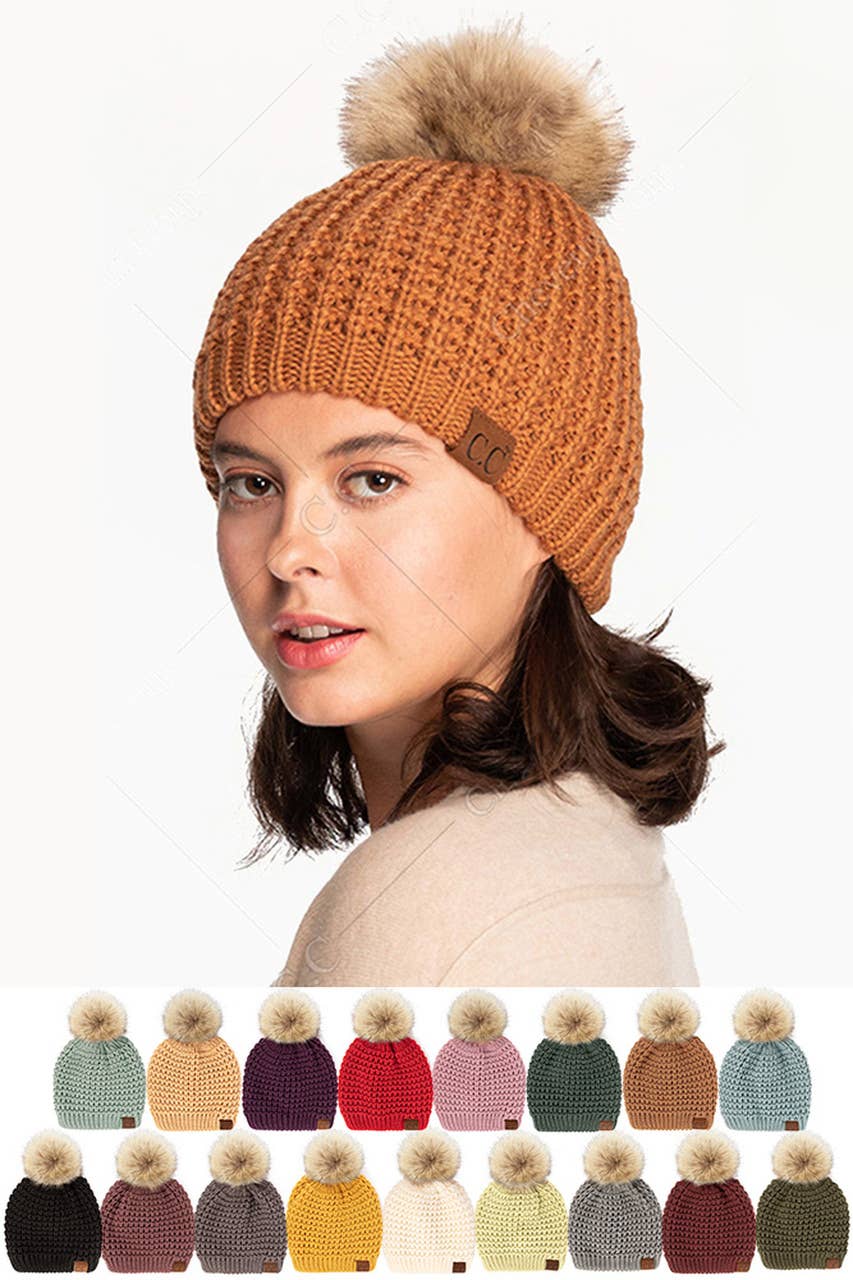 Hana - C.C Waffle Stitch Pattern Pom Beanie: Winter Mint