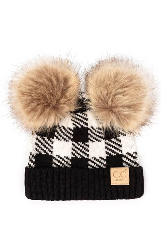 Hana - C.C Baby Buffalo Check Beanie With Natural Pom: Black/White