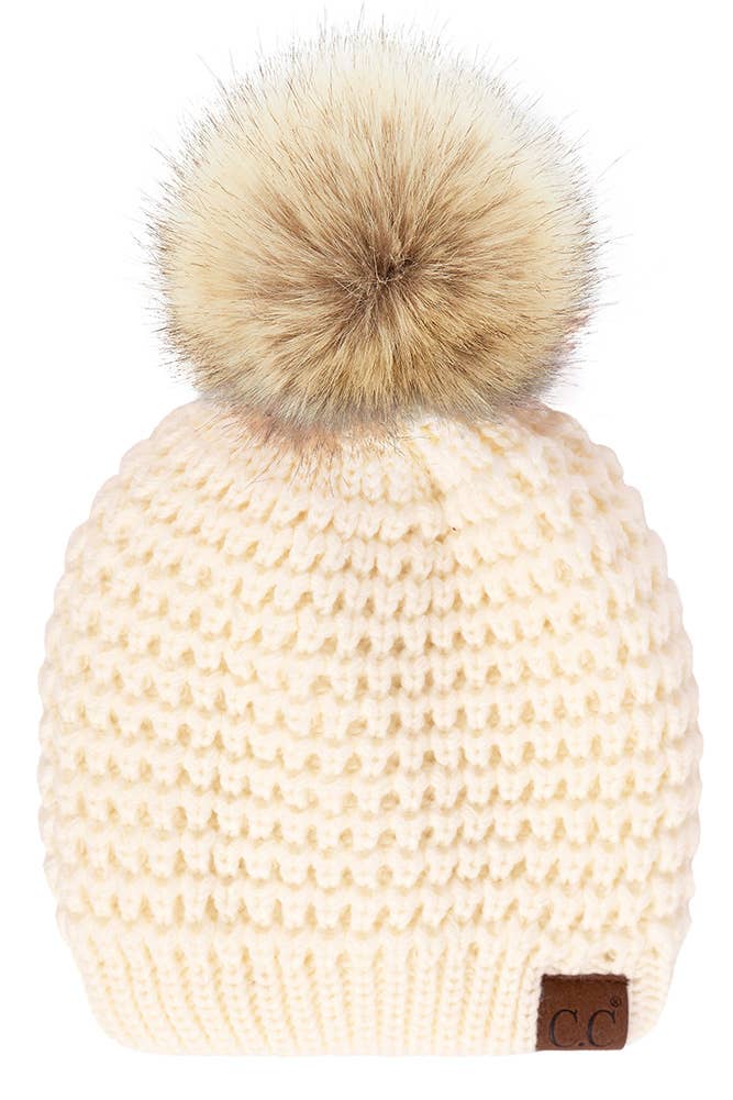 Hana - C.C Waffle Stitch Pattern Pom Beanie: Winter Mint