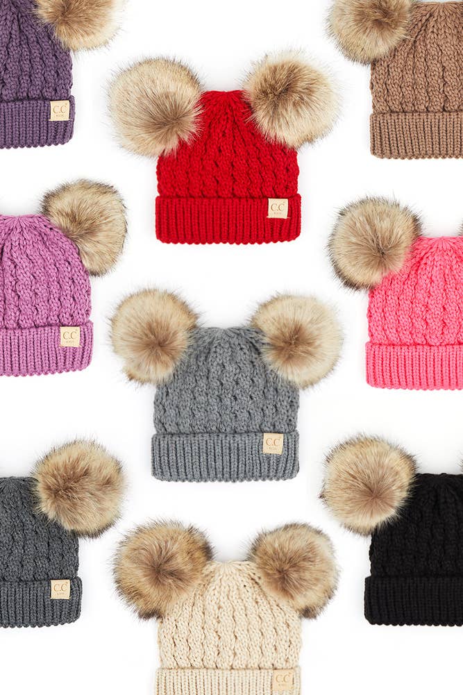 Hana - CC Kids Double Pom Pom All Over Cable Beanie: Dark Melange Grey