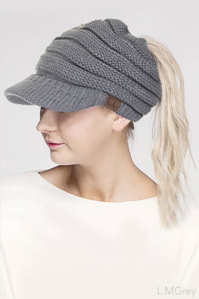 C.C Knit Brim Messy Bun Ponytail Beanie: New Olive