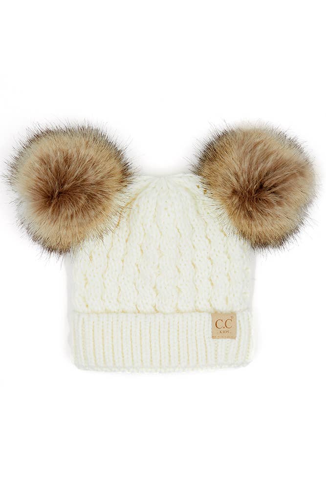 Hana - CC Kids Double Pom Pom All Over Cable Beanie: Dark Melange Grey