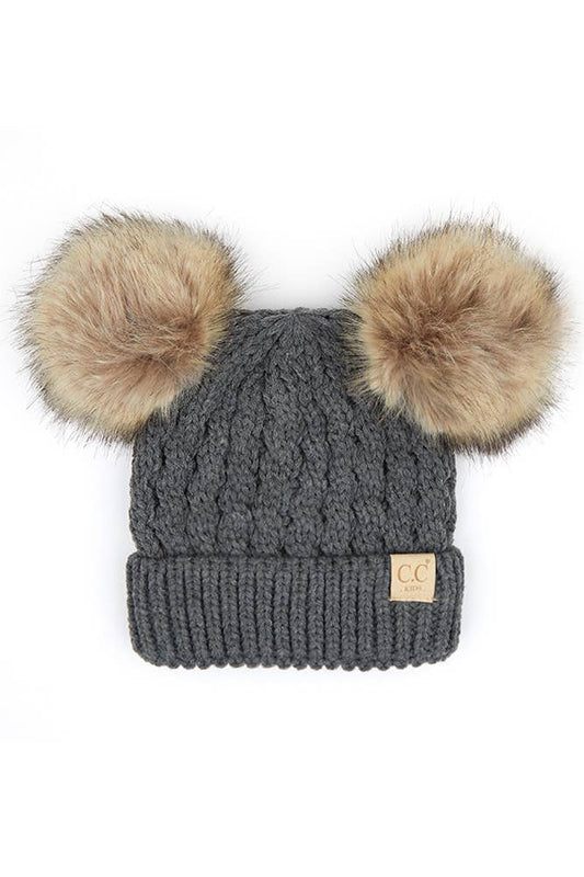 Hana - CC Kids Double Pom Pom All Over Cable Beanie: Dark Melange Grey