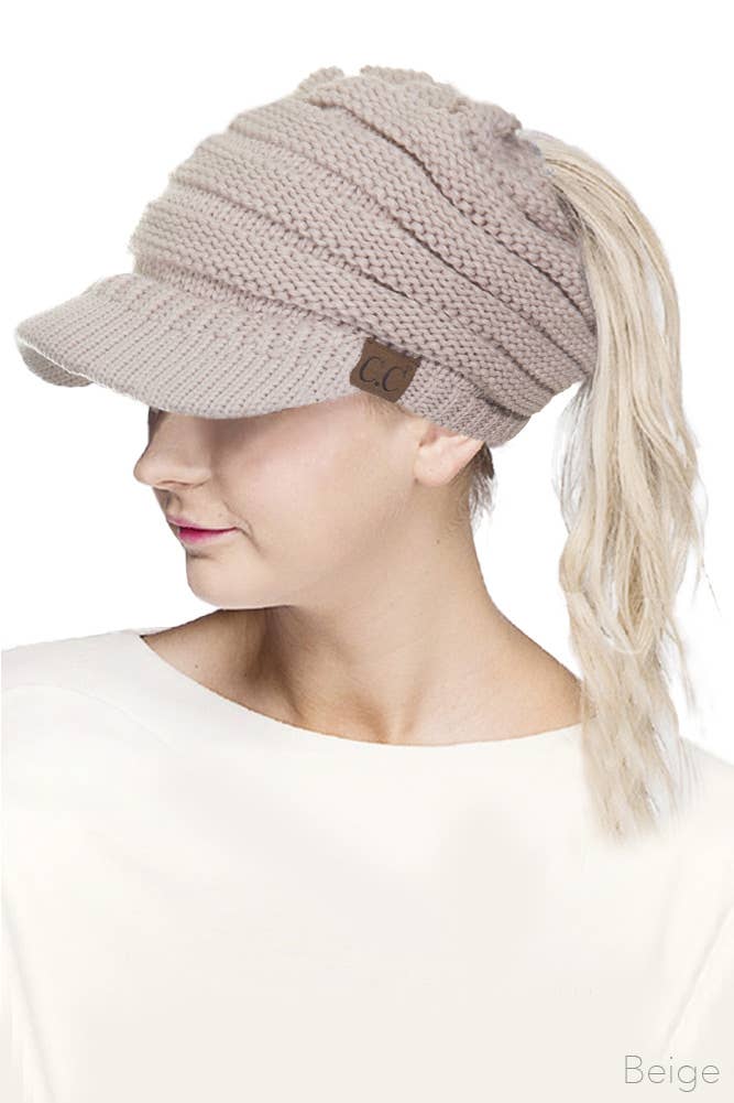 C.C Knit Brim Messy Bun Ponytail Beanie: New Olive