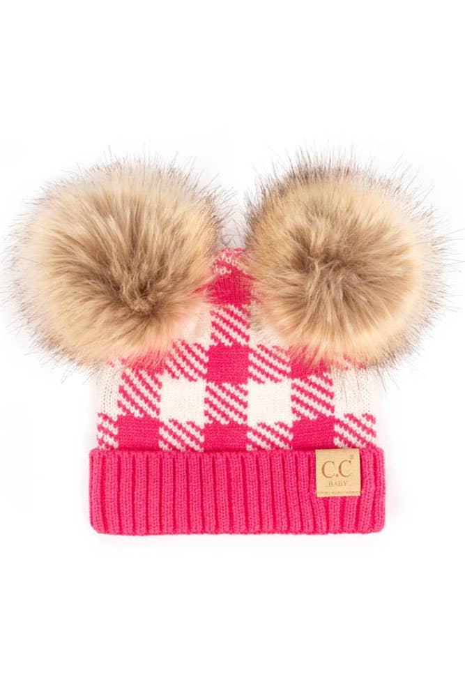 Hana - C.C Baby Buffalo Check Beanie With Natural Pom: Black/White