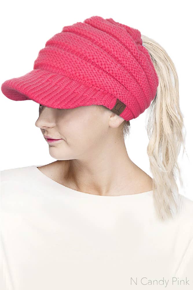 C.C Knit Brim Messy Bun Ponytail Beanie: New Olive