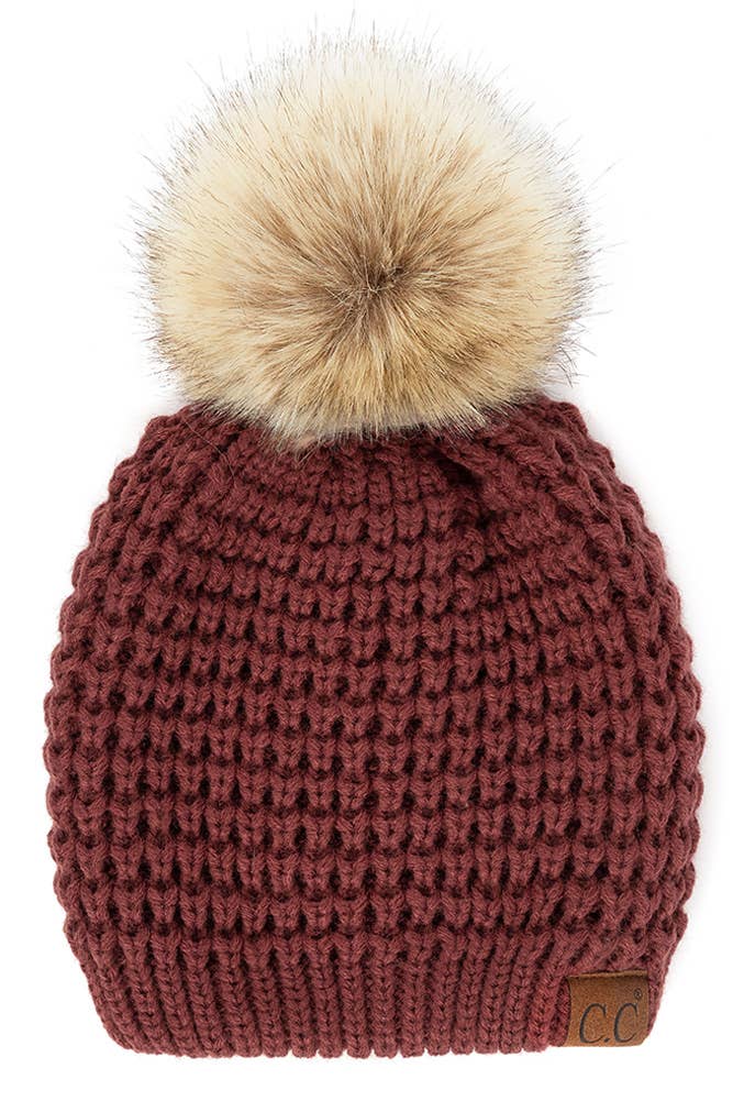 Hana - C.C Waffle Stitch Pattern Pom Beanie: Winter Mint