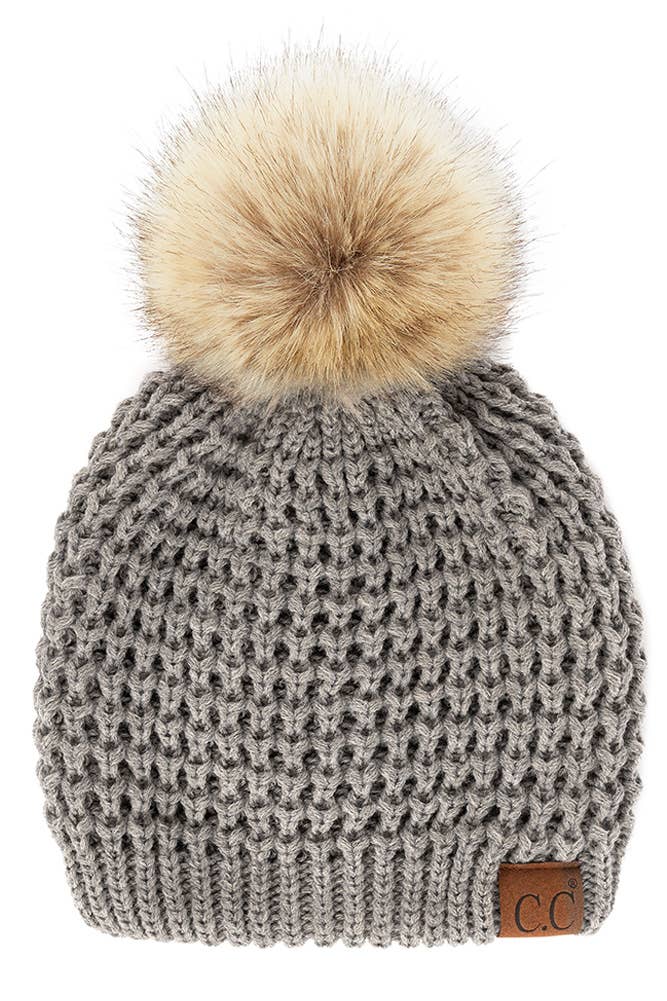 Hana - C.C Waffle Stitch Pattern Pom Beanie: Winter Mint