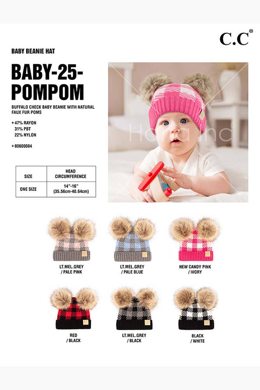 Hana - C.C Baby Buffalo Check Beanie With Natural Pom: Black/White