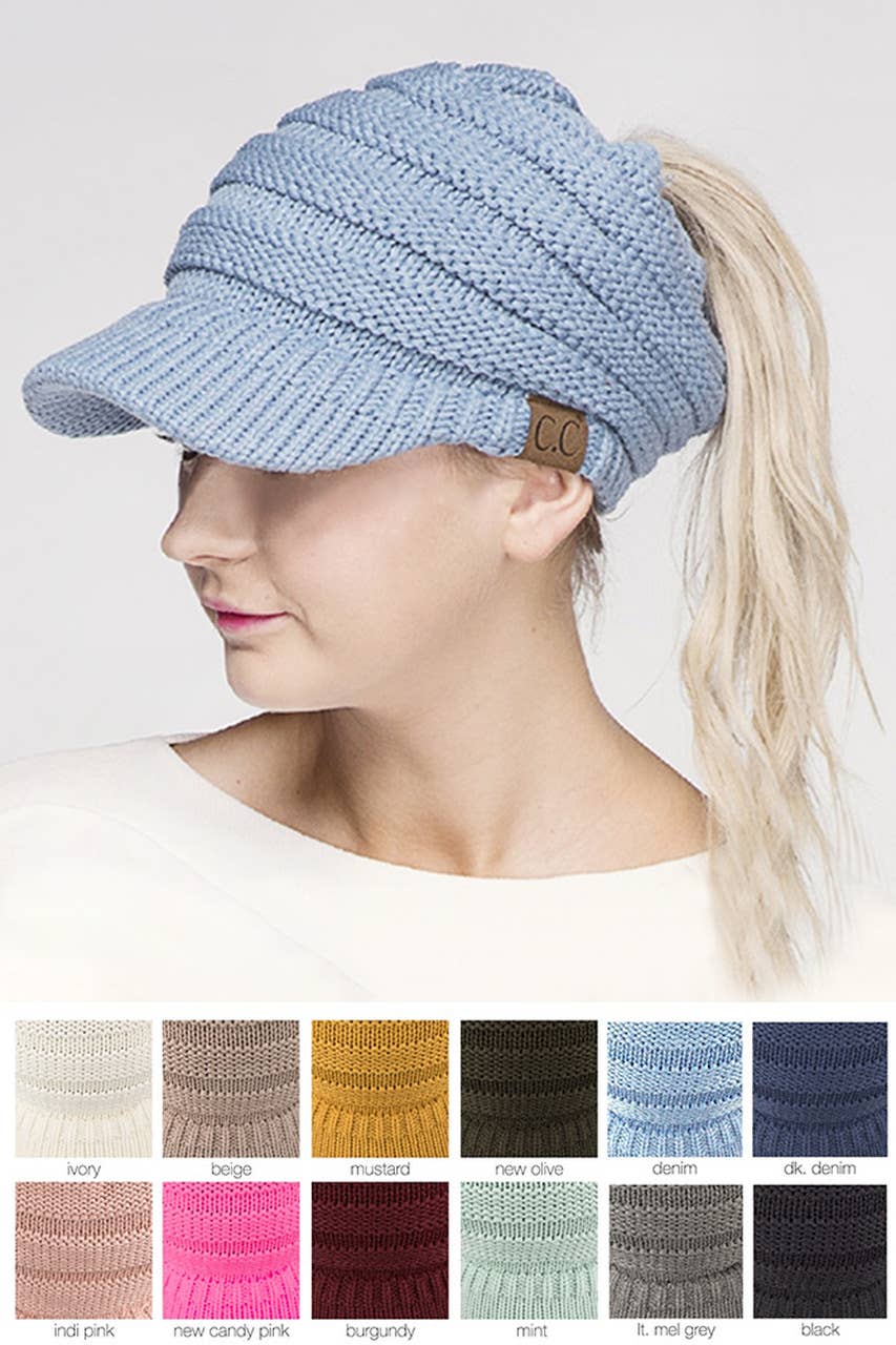 C.C Knit Brim Messy Bun Ponytail Beanie: New Olive